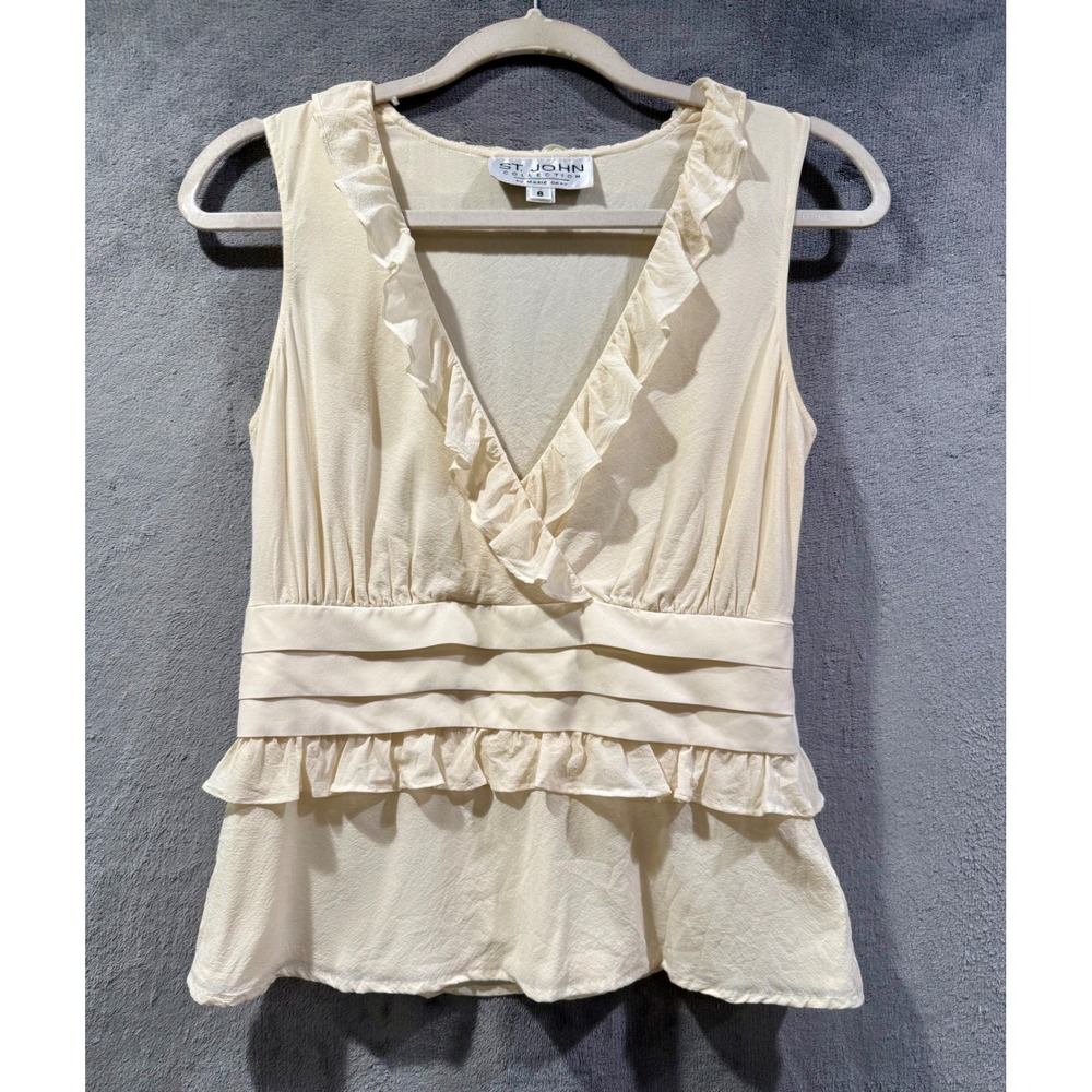 St. John Collection by Marie Gray Silk Ruffle Top Cream Ivory Sleeveless Size 6